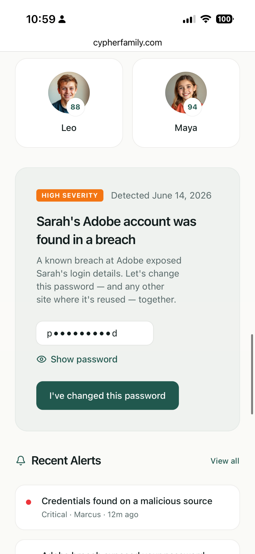 CypherFamily mobile app showing family security scores and breach alerts