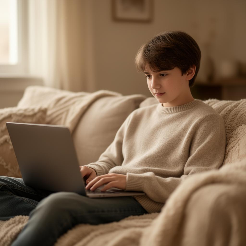 Teen using a laptop at home
